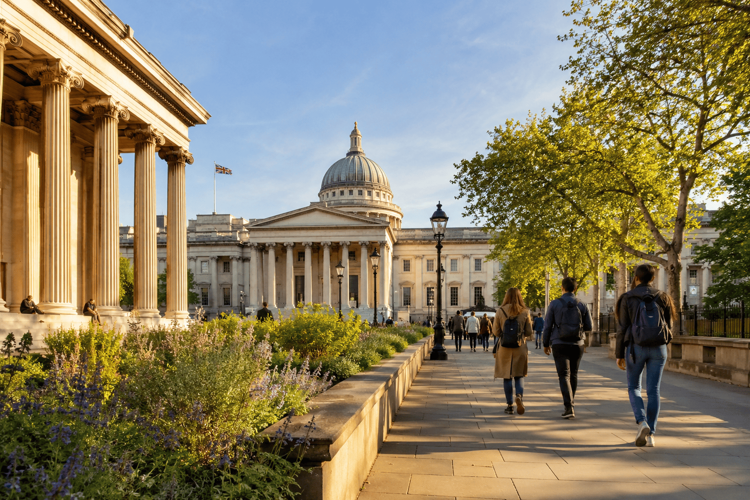 Visitors walking near a major London museum