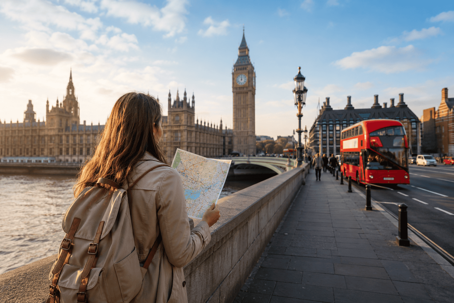 Budget traveller exploring London near the Thames