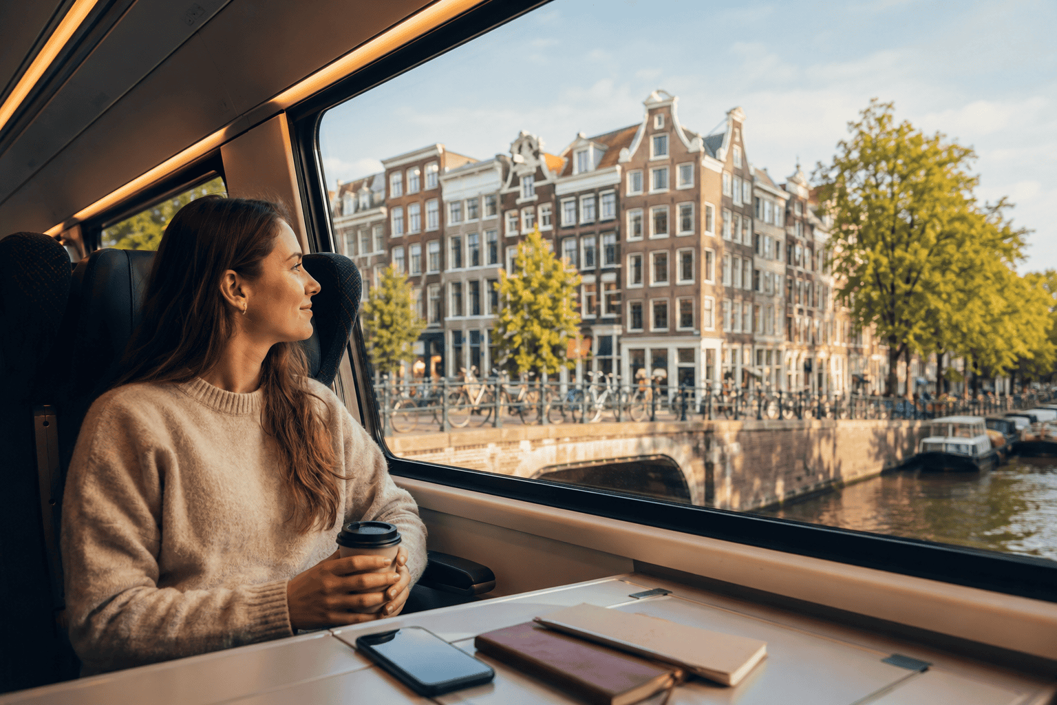 Generated image: Relaxing train ride through a canal city