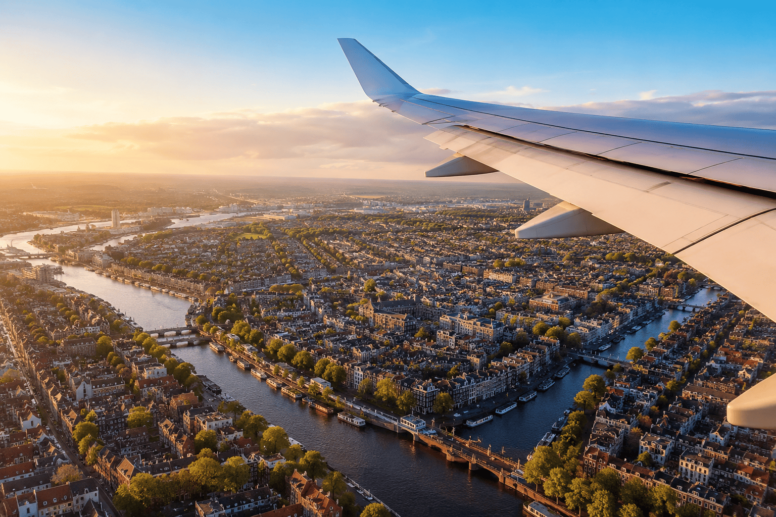 Flight travel from London to Amsterdam at sunset