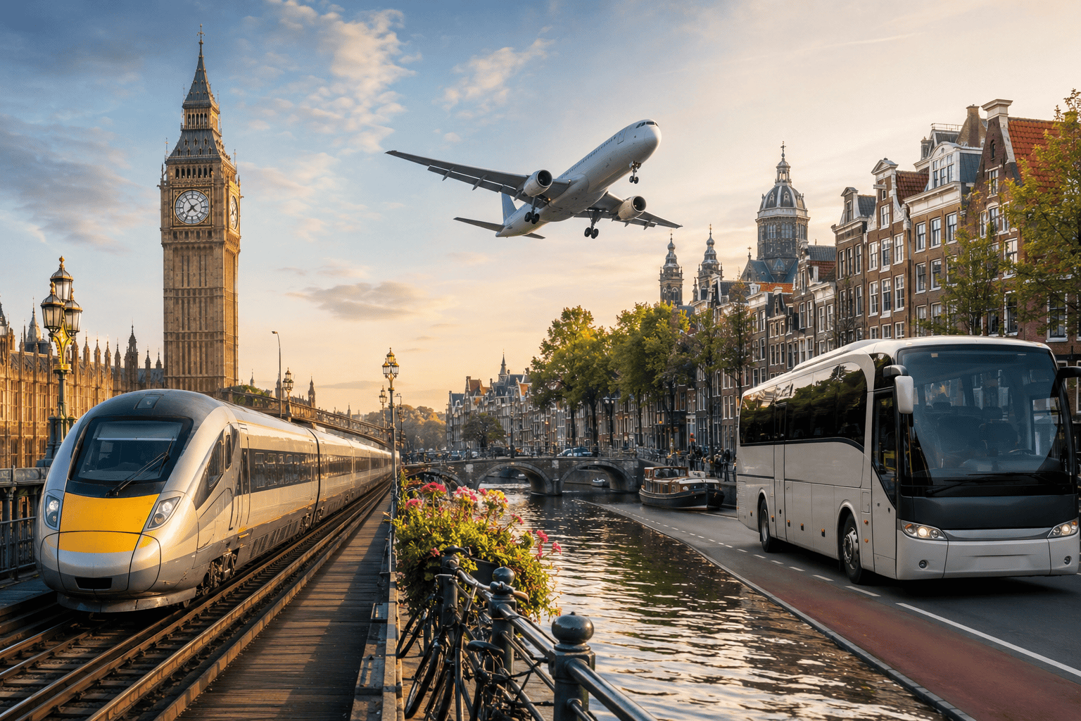Travel comparison between train, flight, and bus from London to Amsterdam