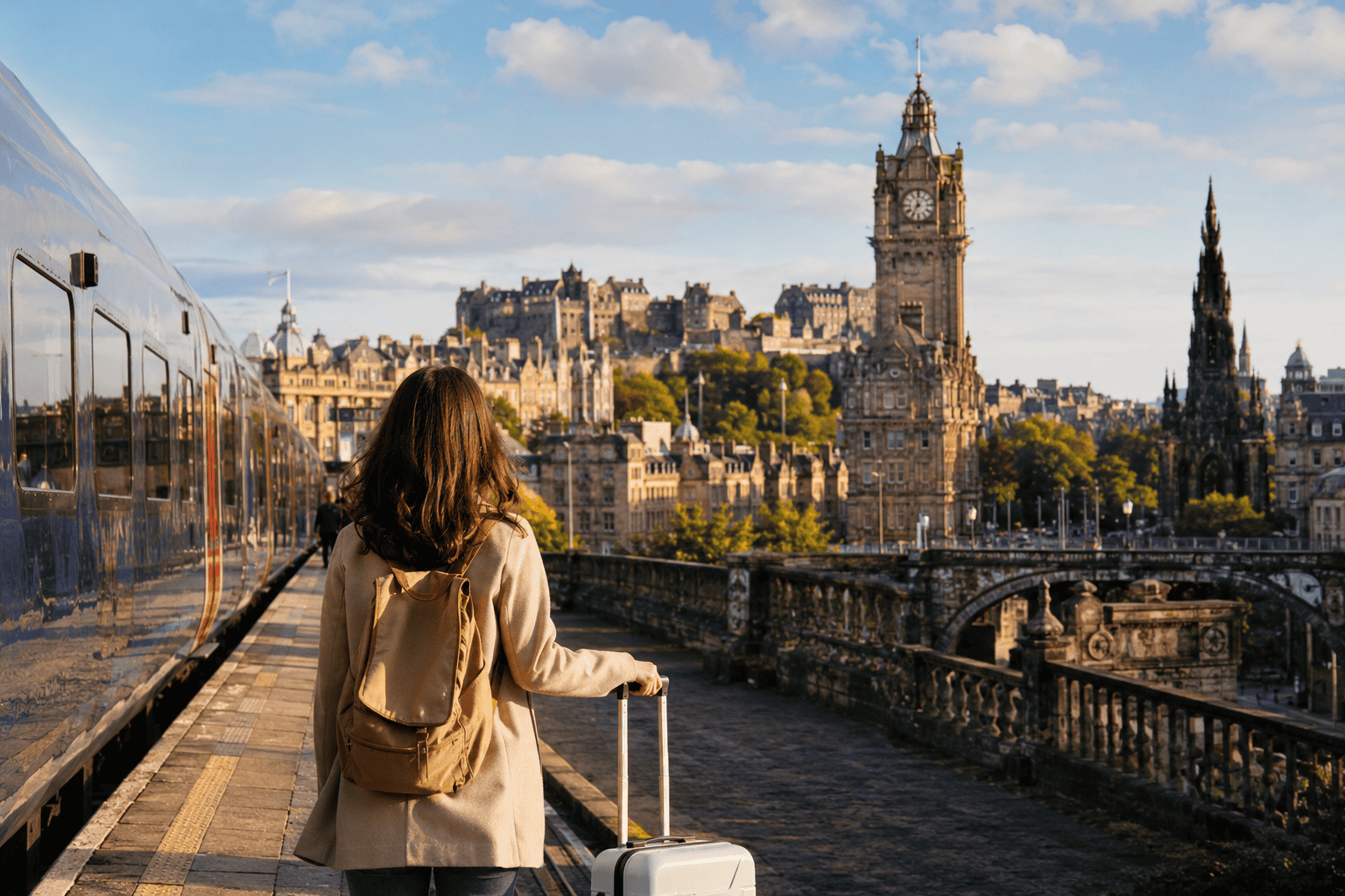 Traveller arriving in Edinburgh near the historic city centre