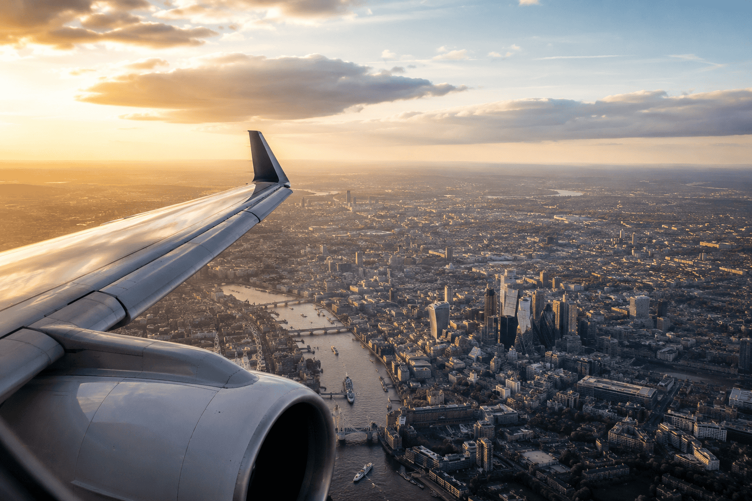 Flight route from London to Edinburgh at golden hour