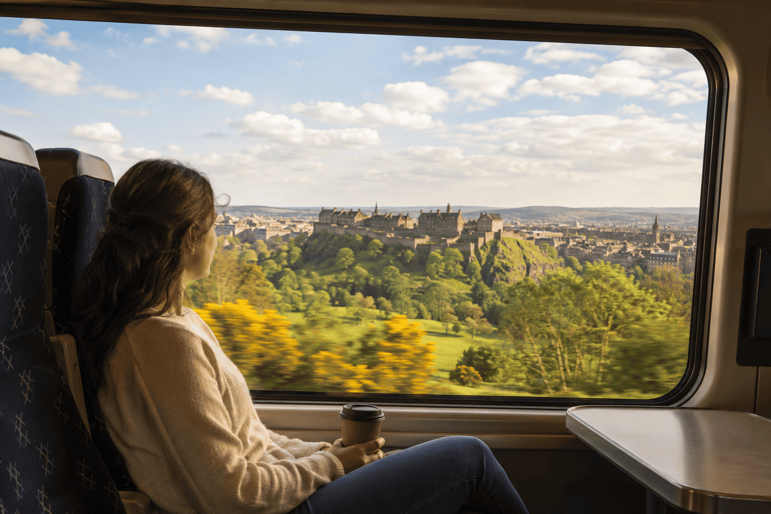 Train journey from London to Edinburgh with countryside views