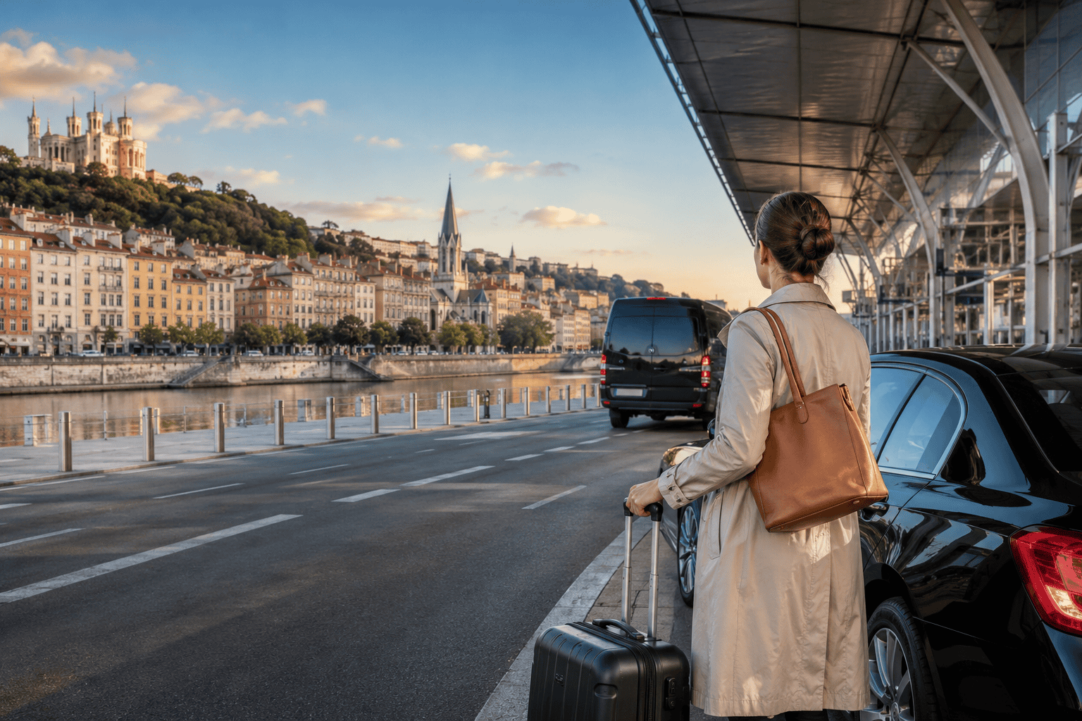 Generated image: Cityscape with traveler at airport curb