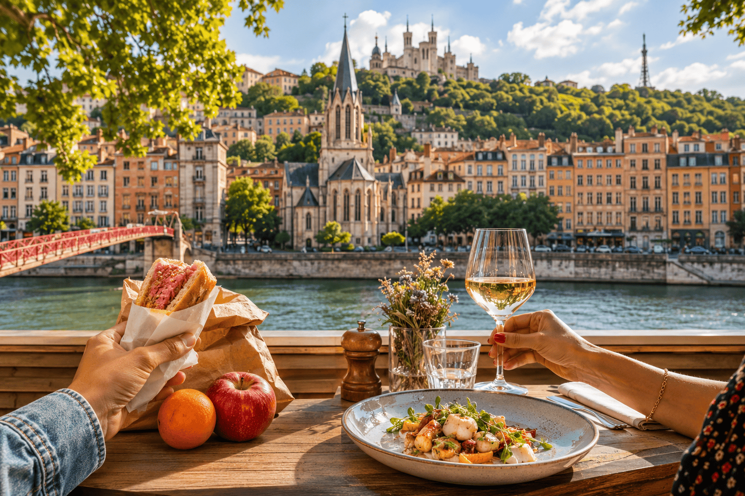 Riverside dining with a historic Lyon view