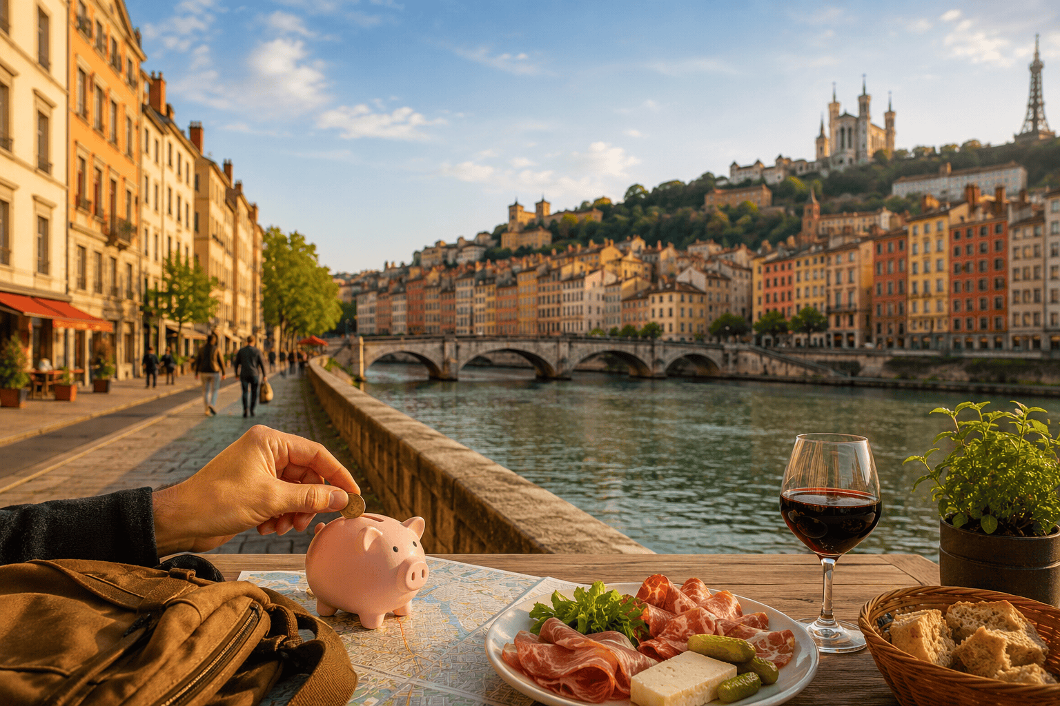 Riverside cafe and travel planning in Lyon