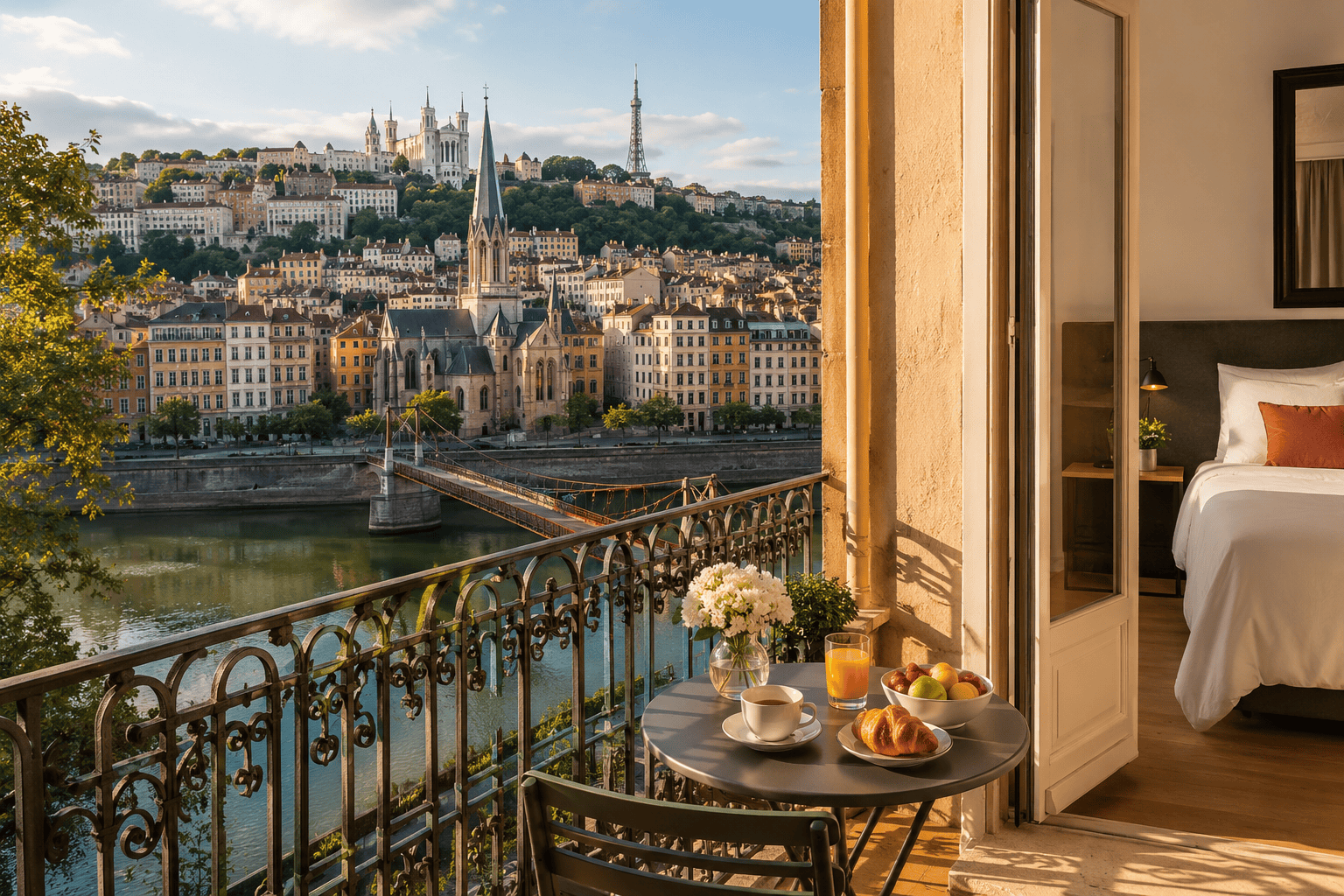 Morning terrace scene for a first-time Lyon travel guide