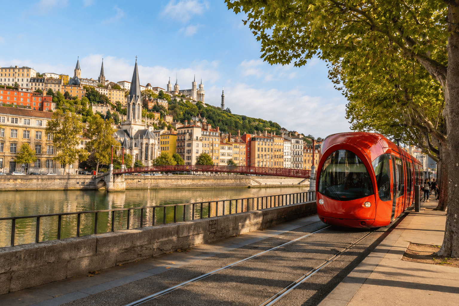 Tram near the riverside for getting around Lyon