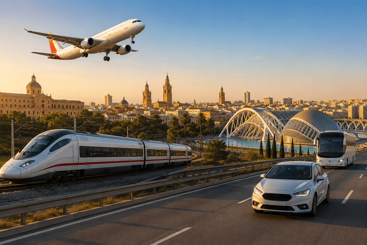 Generated image: Golden hour transport in a vibrant city