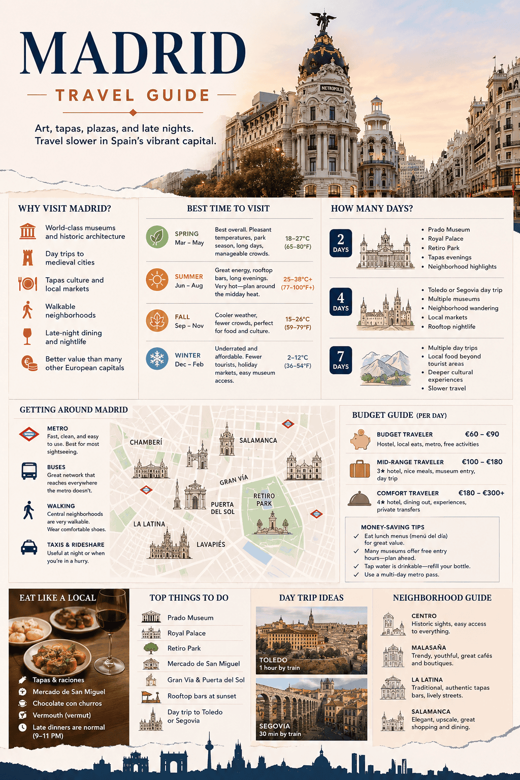 madrid travel guide europe city itinerary infographic