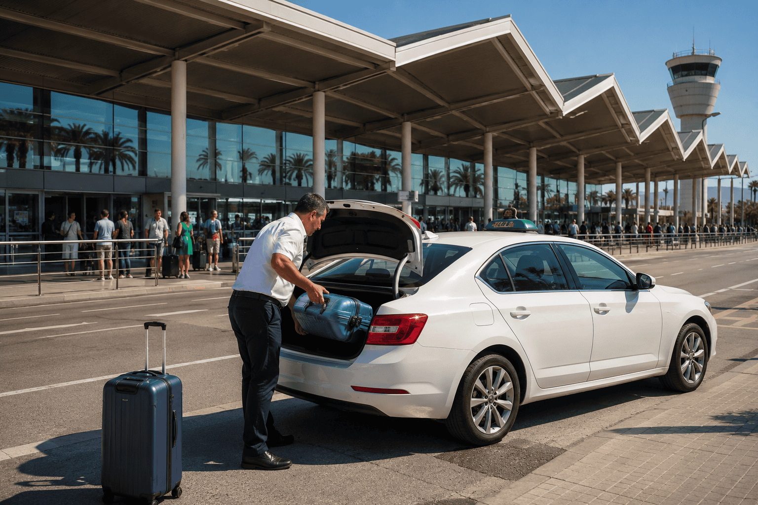 Generated image: Busy airport taxi scene with luggage