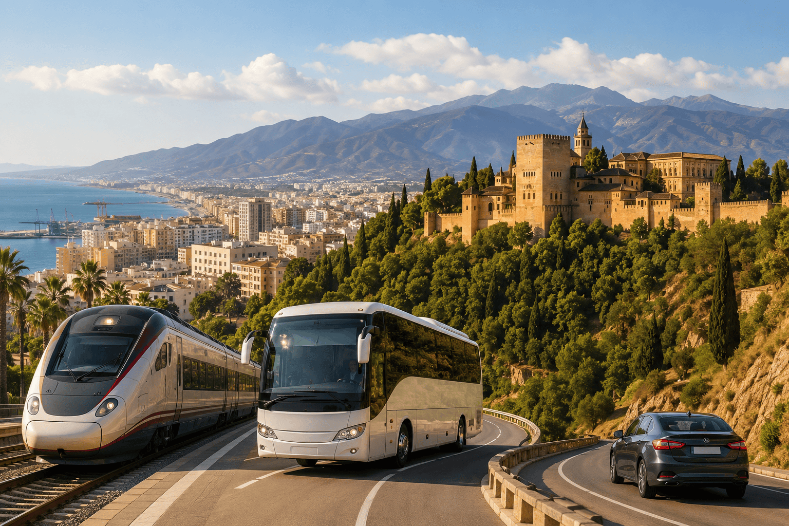 Generated image: Coastal city and mountain transport scene