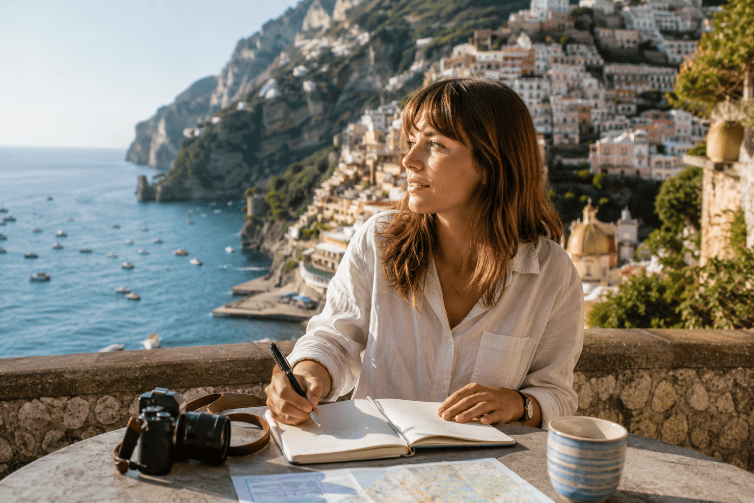 Mara Vale writing by the Mediterranean coast for Eurly