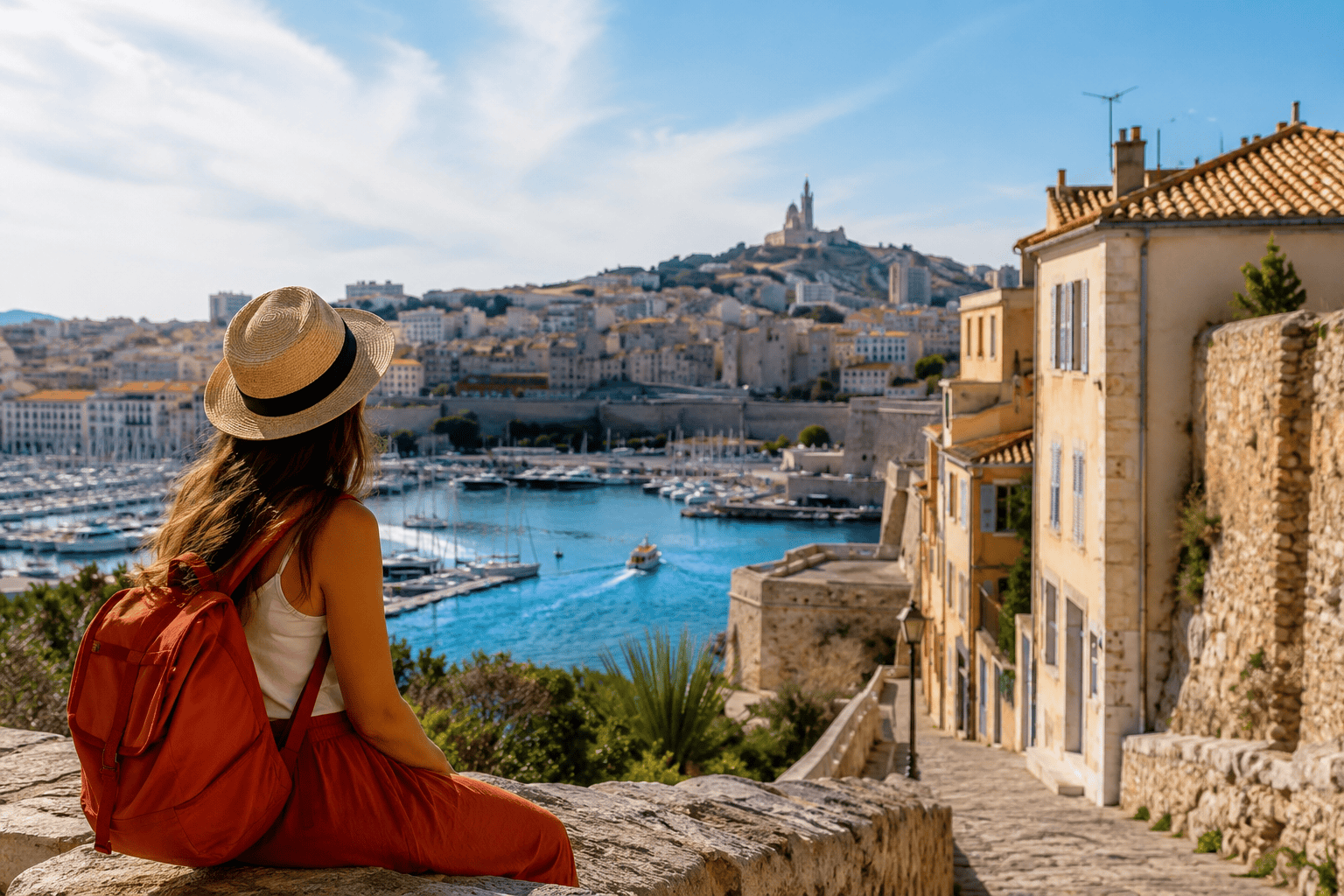 Mediterranean harbor view with traveller planning a Marseille budget