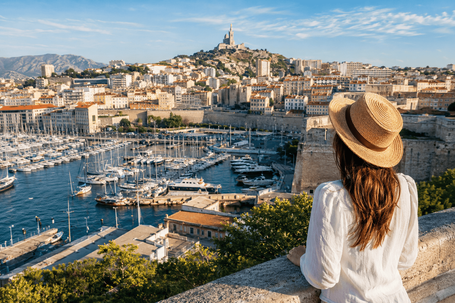 Sunny harbor view from a Marseille terrace
