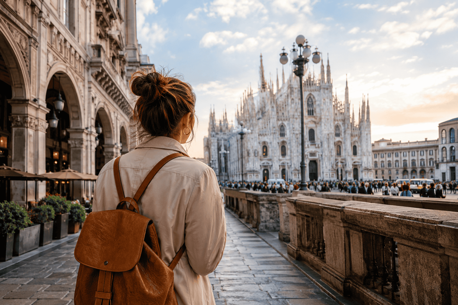 Golden hour at Milan cathedral plaza for budget travel planning