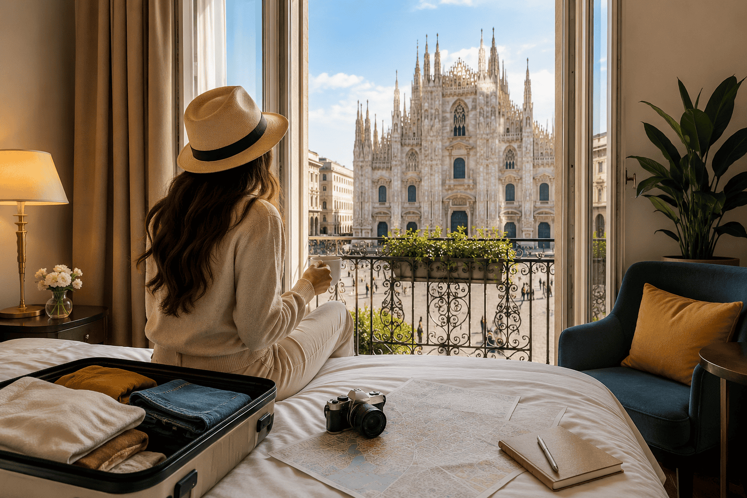 Hotel room with a view over Milan rooftops