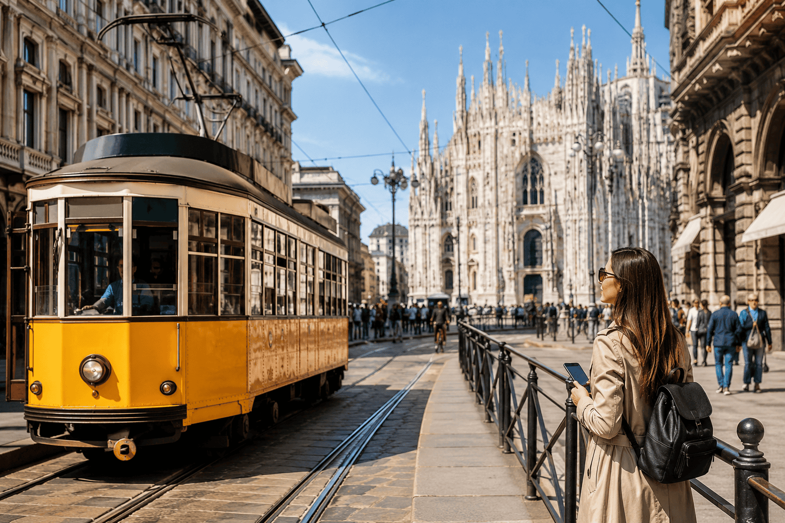 Historic tram passing near Milan Cathedral