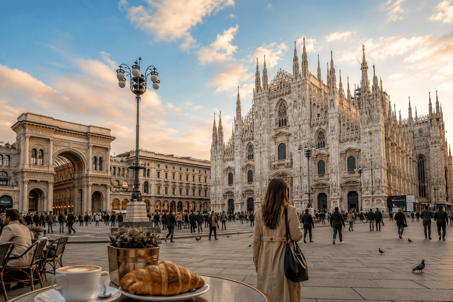 Golden hour cityscape view of Milan near the Duomo