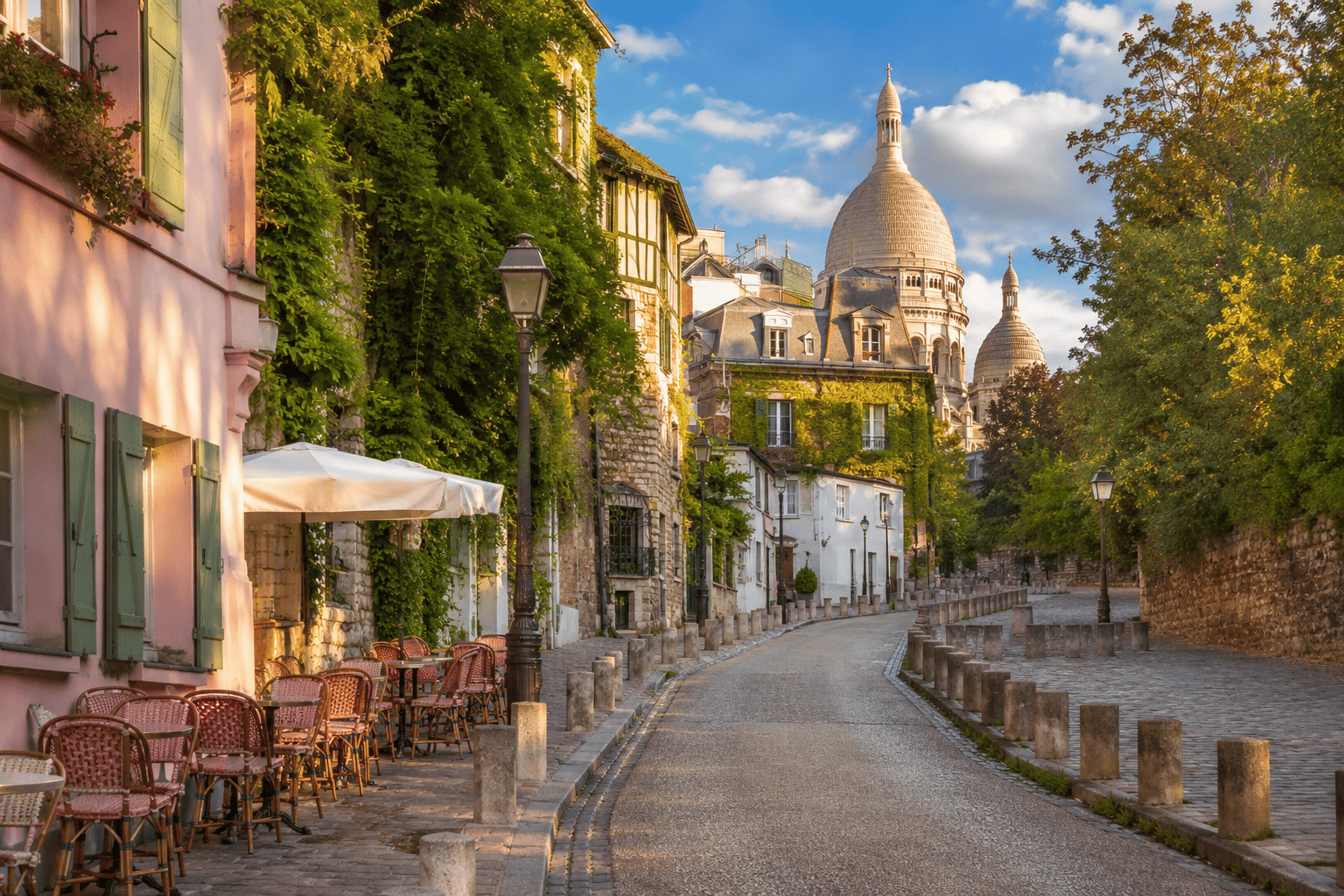Montmartre street near Sacré-Cœur at sunset