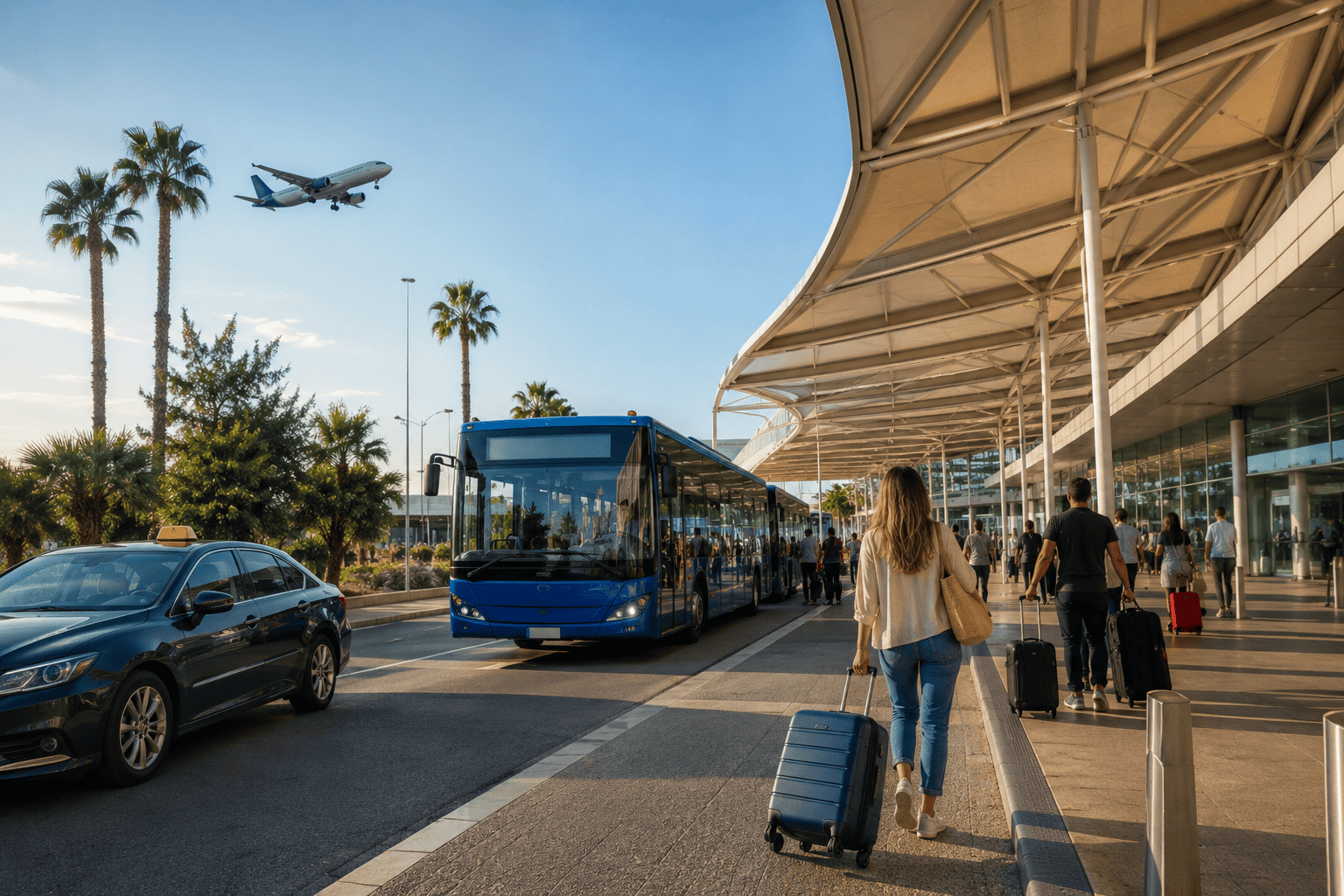 Generated image: Busy airport curbside scene with travelers