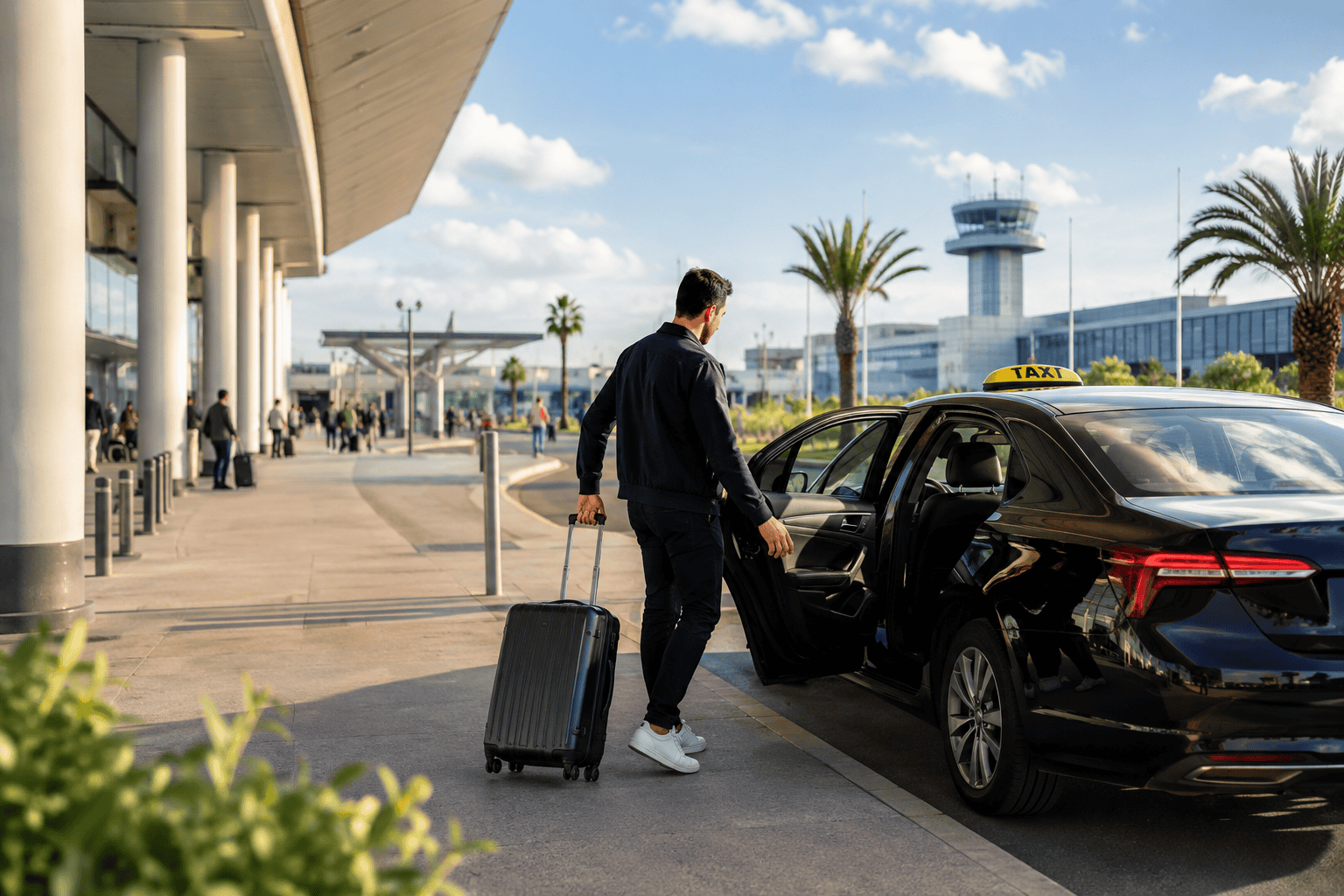 Generated image: Airport curbside with taxi and travelers