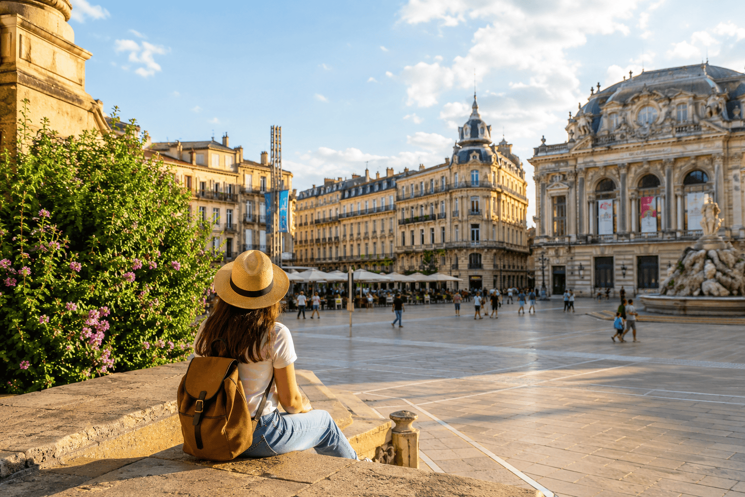 Sunny European city square in Montpellier at golden hour