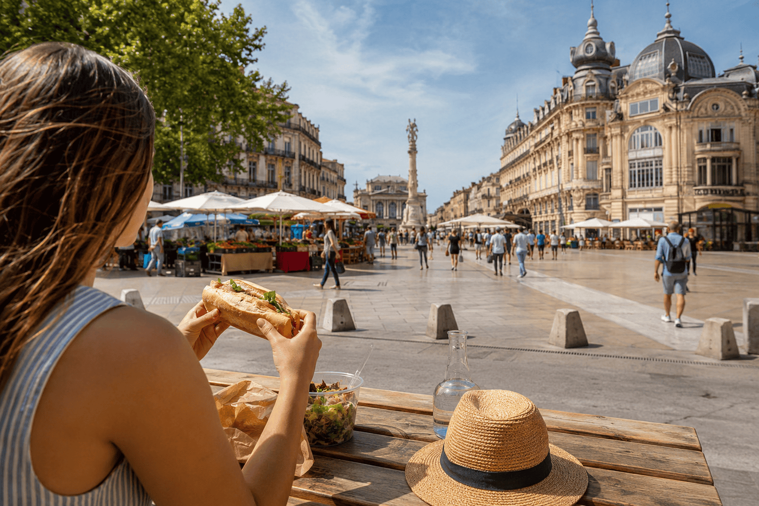 Sunny market square with outdoor dining in Montpellier