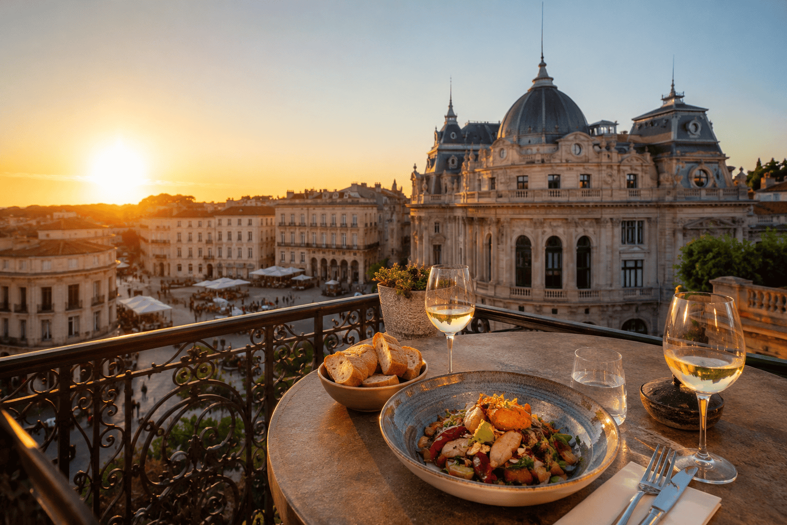 Golden hour dining on a rooftop terrace in Montpellier