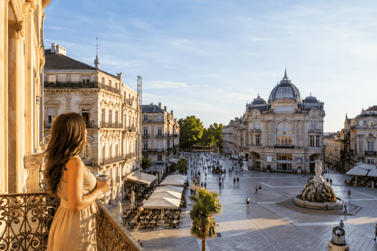 Sunny evening over an elegant square in Montpellier