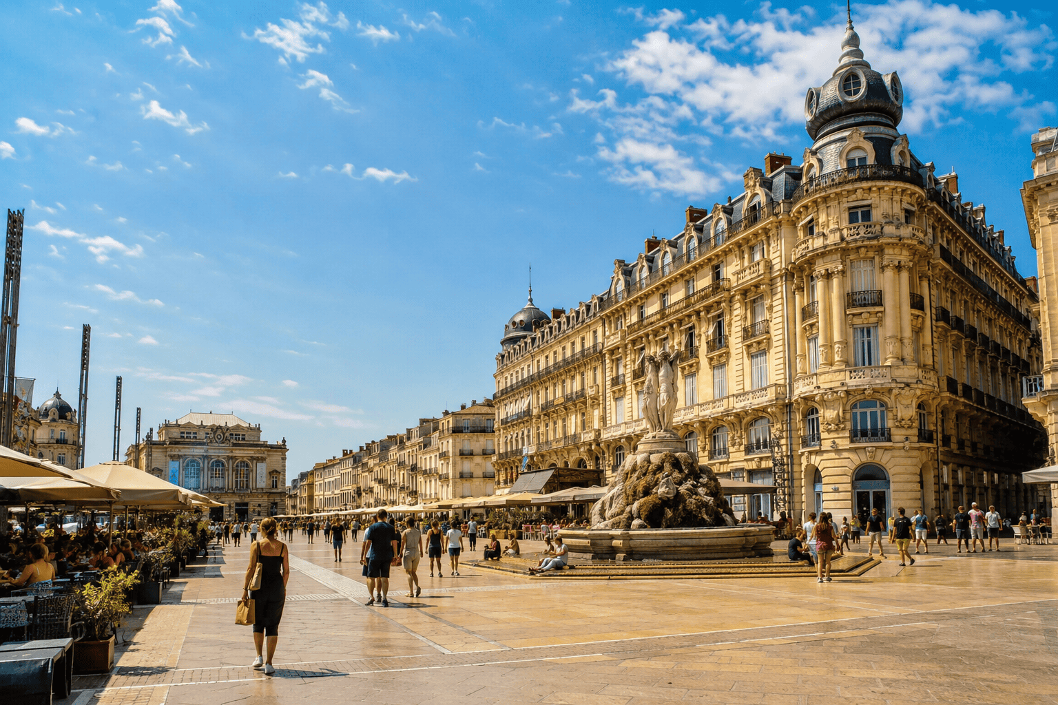 Sunny plaza with classical architecture in Montpellier