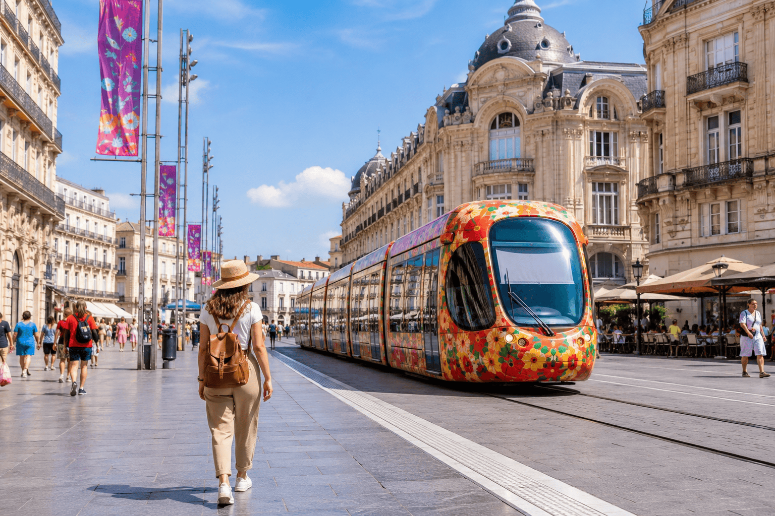 Tram and street scene in central Montpellier