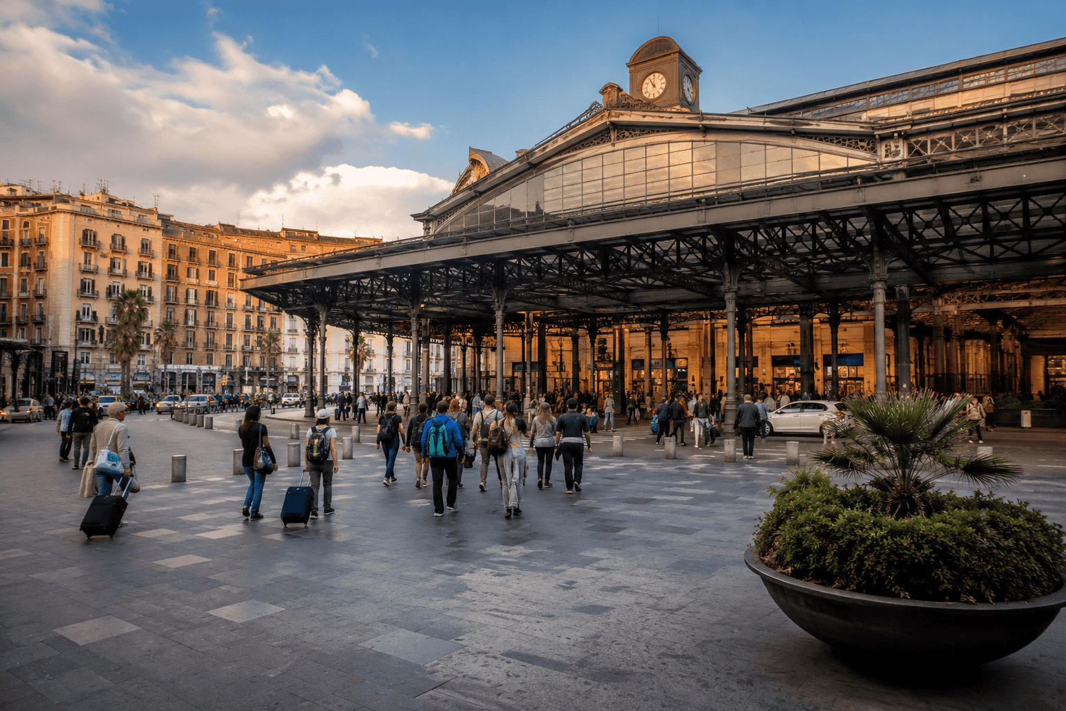 Busy Naples station area at sunset