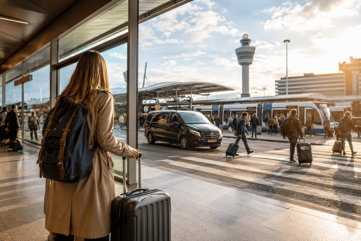 Generated image: Arrival at Amsterdam airport terminal