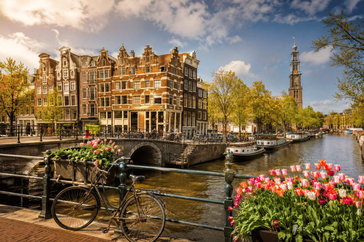 Sunny Amsterdam canal scene for a first Netherlands trip