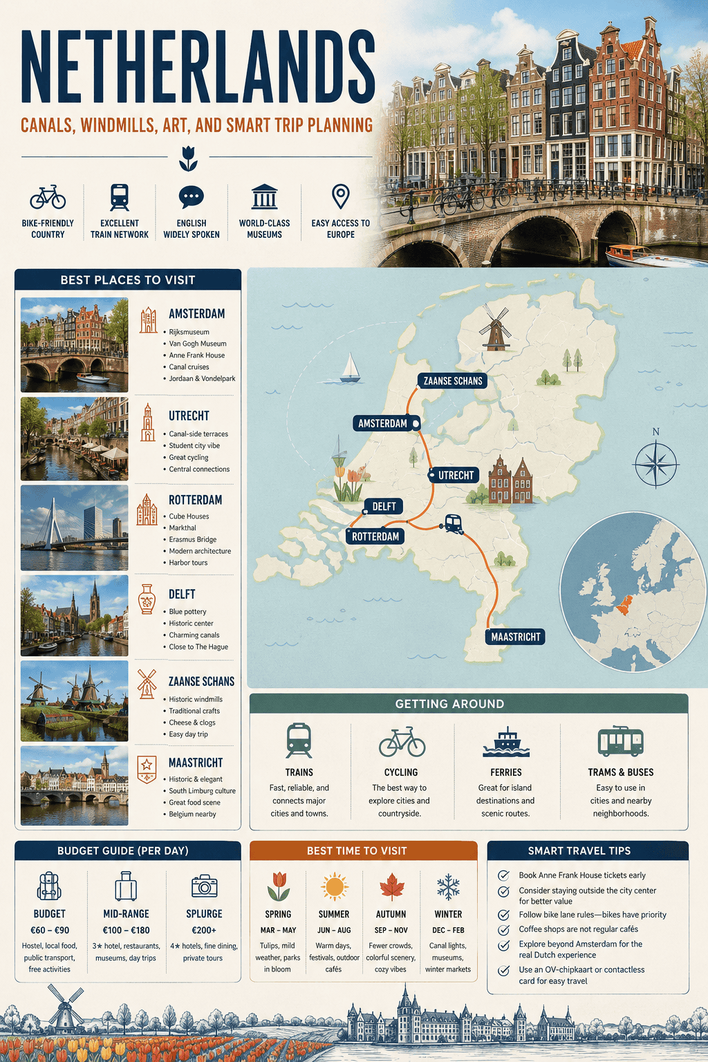 netherlands travel guide canals windmills art trip planning infographic