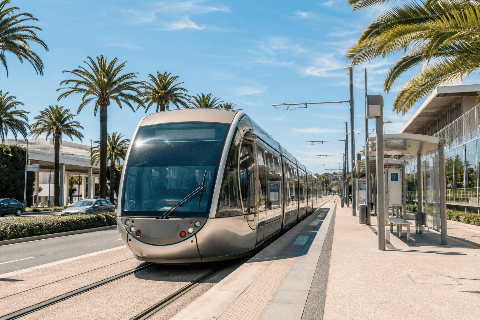 Generated image: Modern tram in a sunny urban street