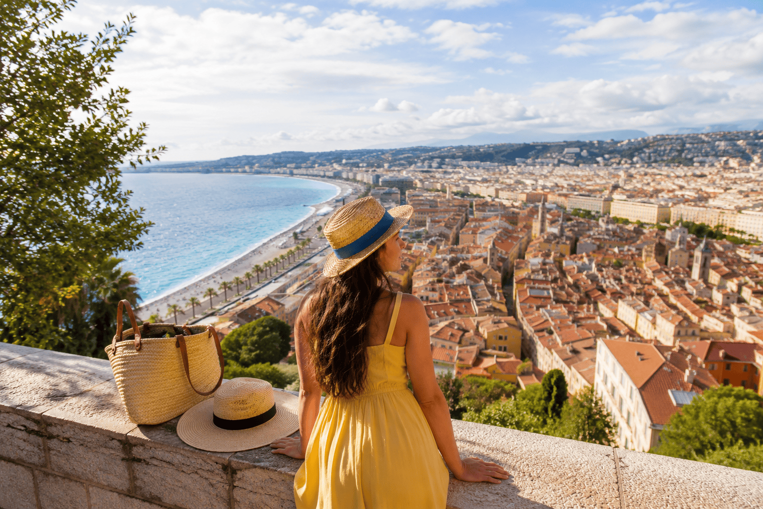 Mediterranean coast view near Nice with a traveler