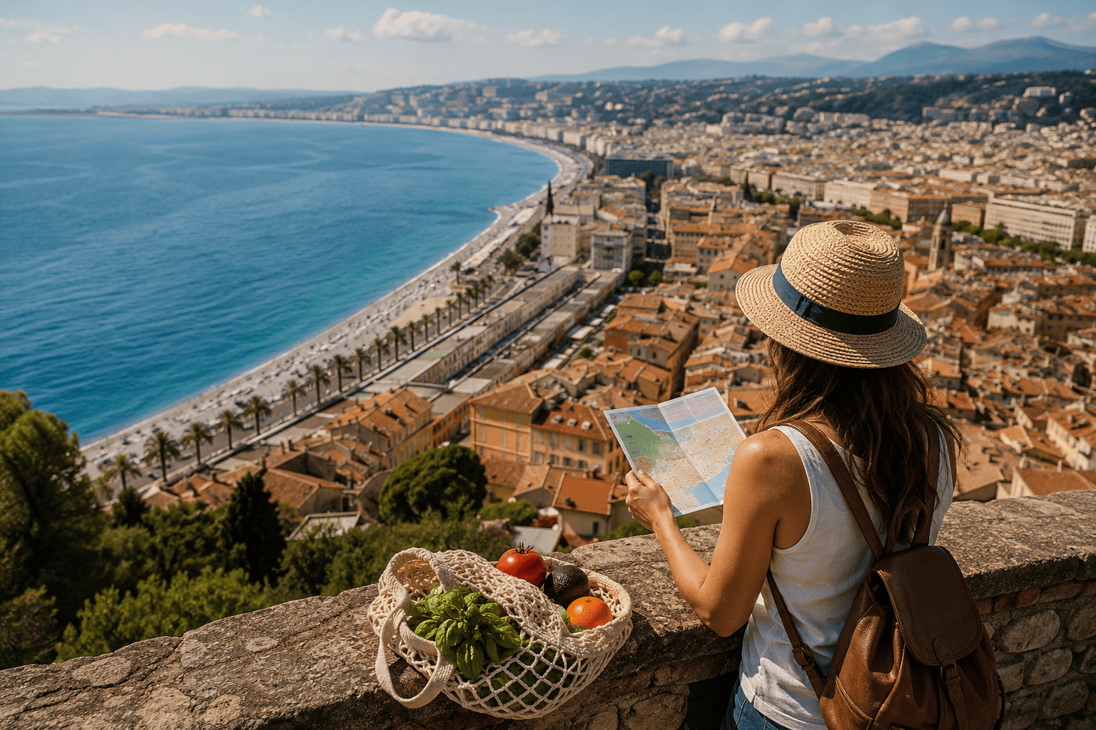 Coastal city view in Nice with a travel map