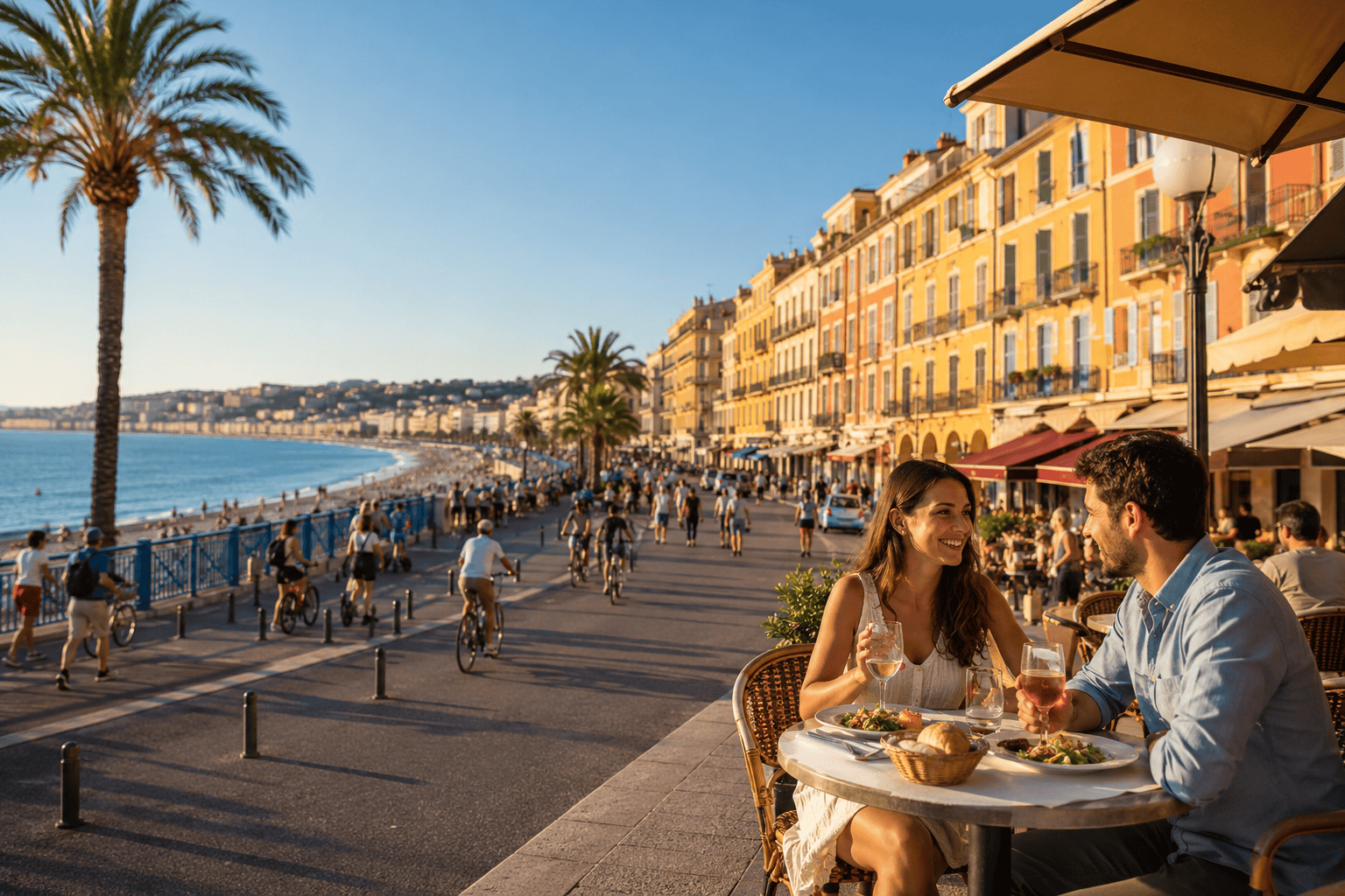 Seaside cafe and coastal promenade in Nice