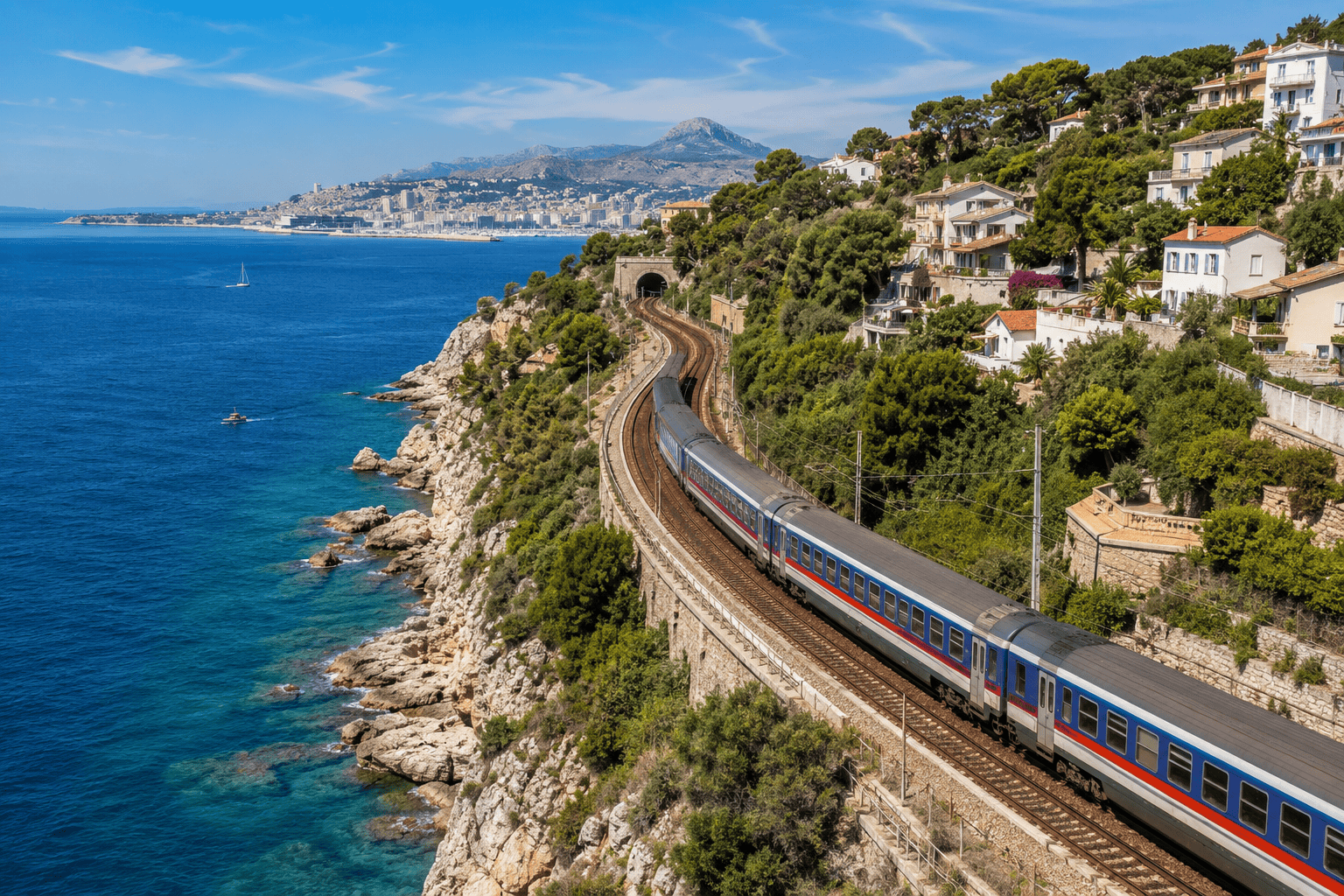 Generated image: Mediterranean coast with train and hillside cottages