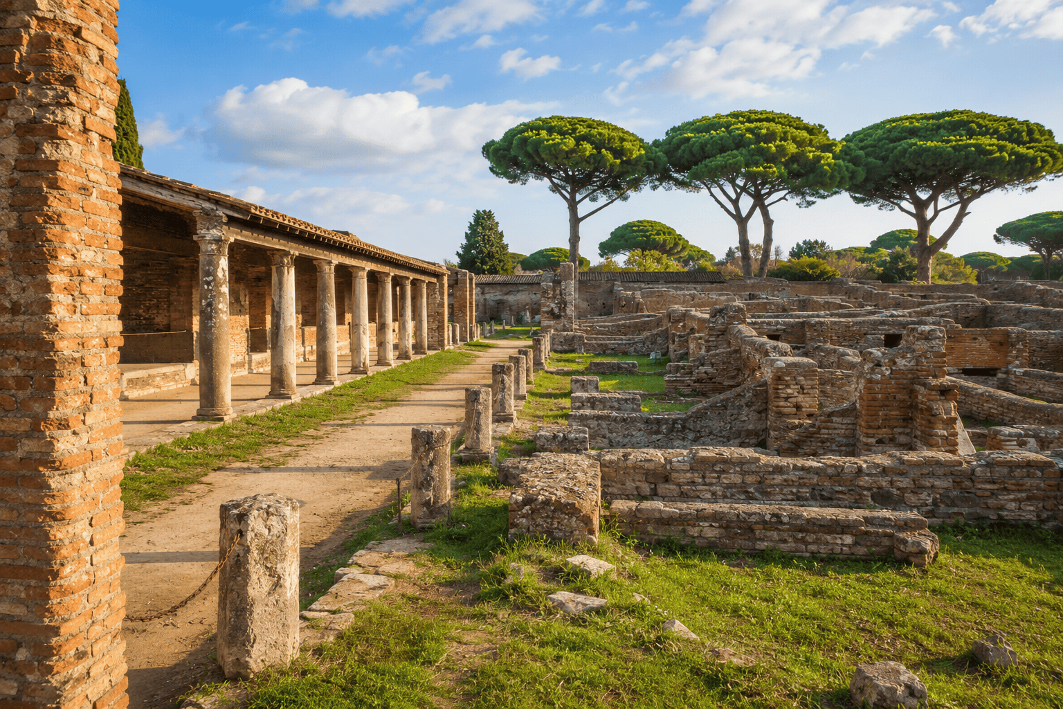 Ostia Antica ruins near Rome under a blue sky