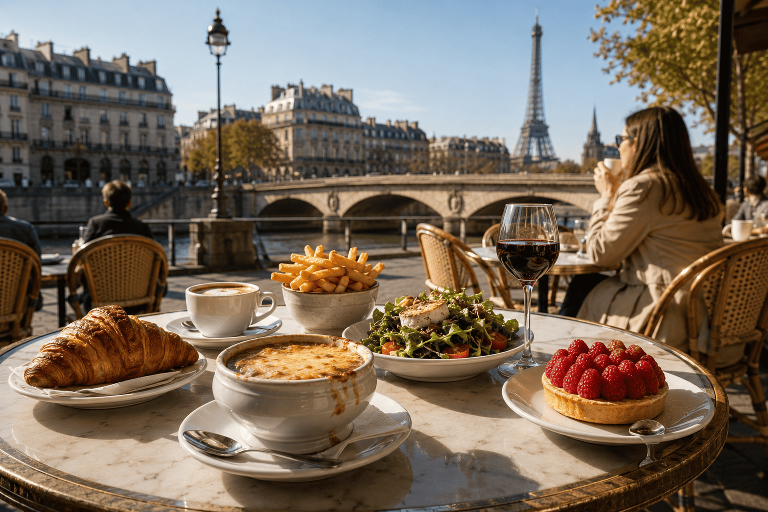 Paris café beside the Seine with typical French dining atmosphere