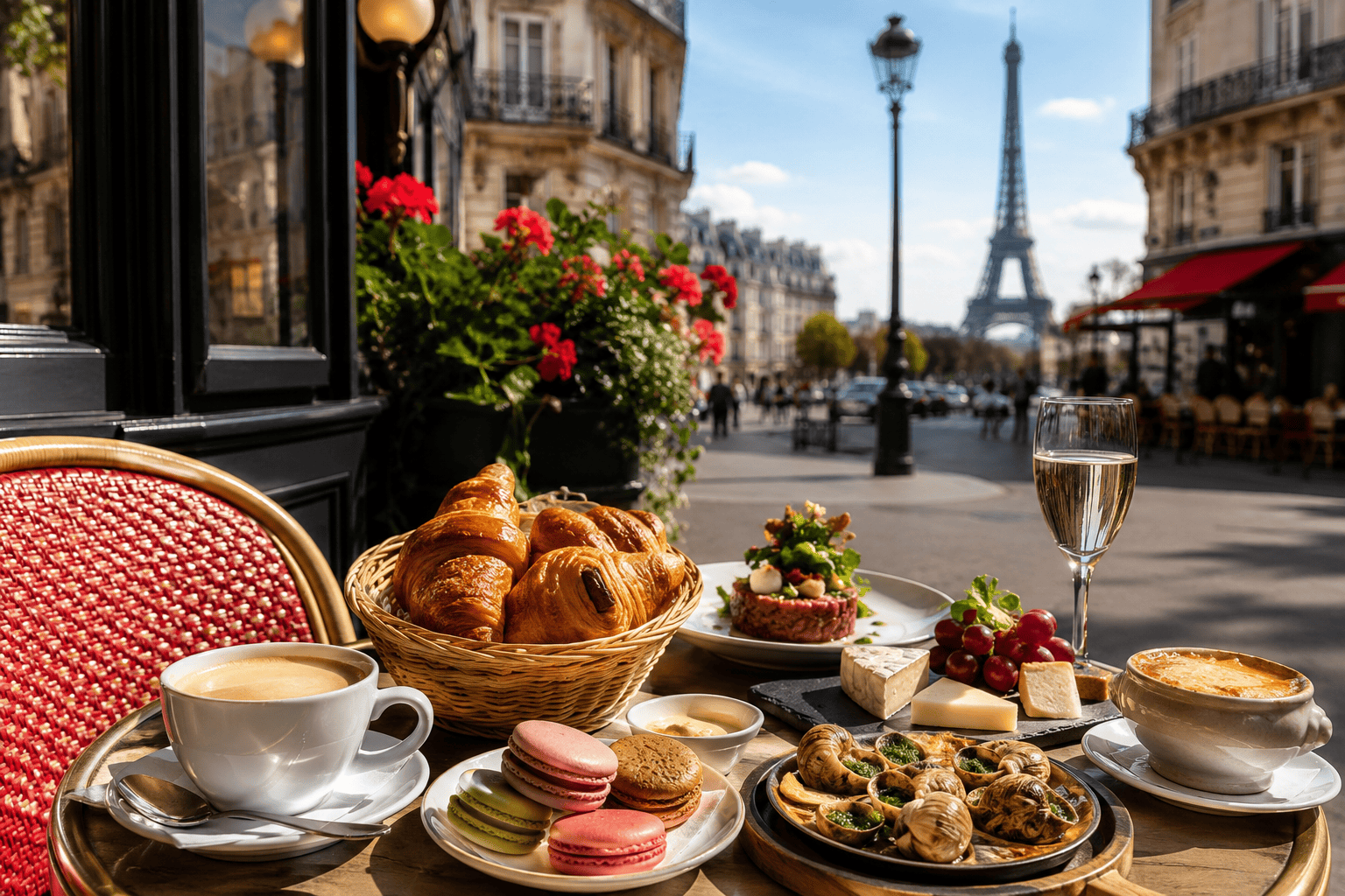 Parisian café terrace with classic French food and Eiffel Tower view