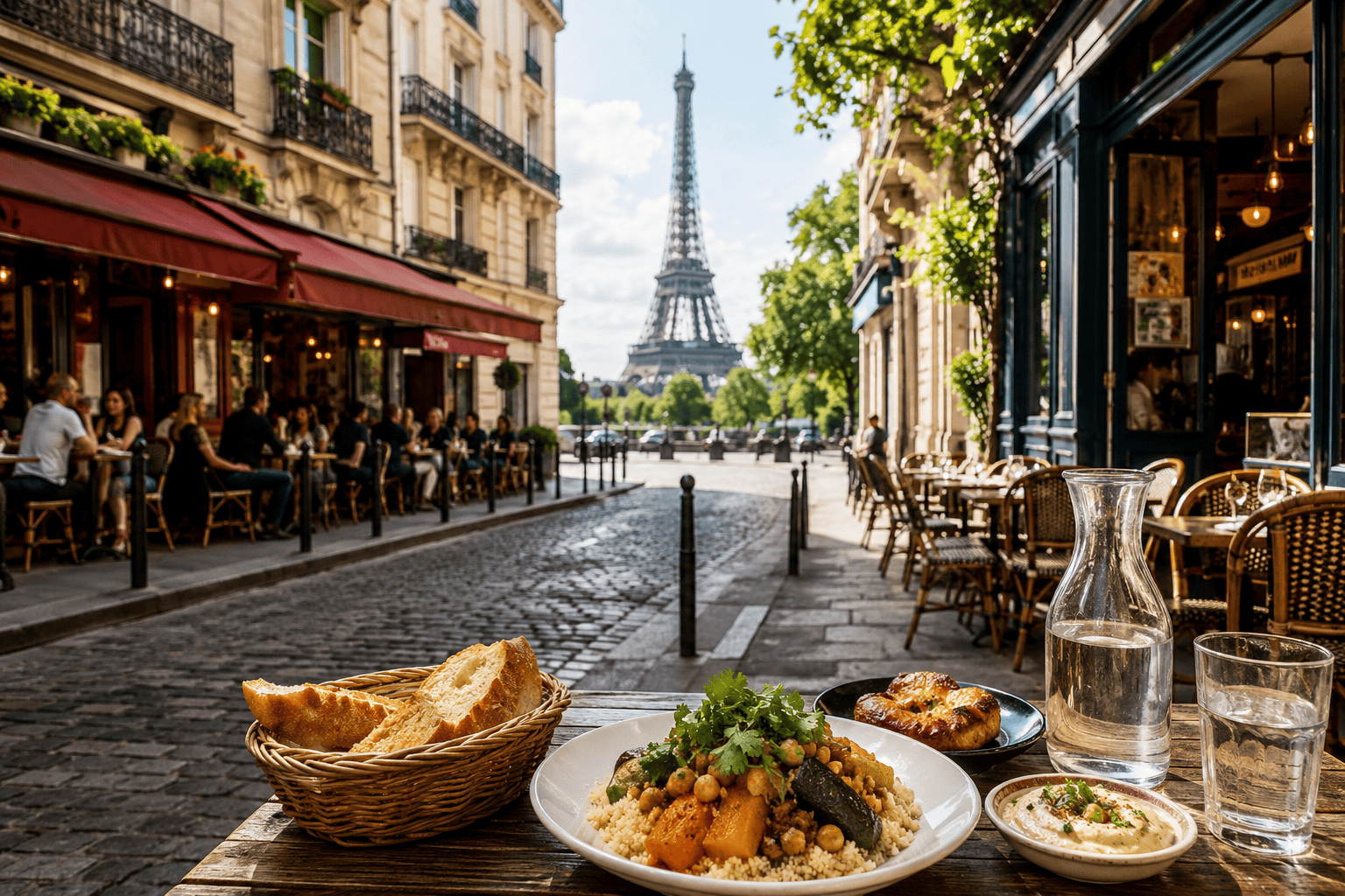 Affordable Paris neighbourhood dining area with cafés and bistros