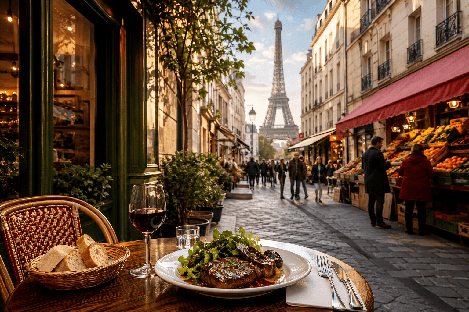 Paris café street scene near a popular tourist area