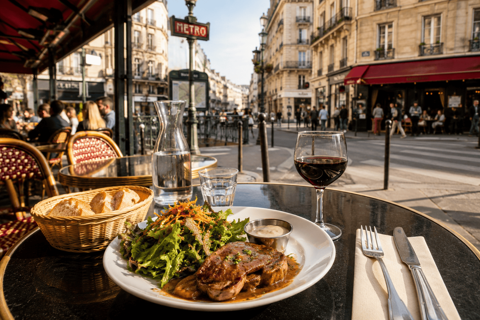 Paris café lunch scene with fixed price menu options