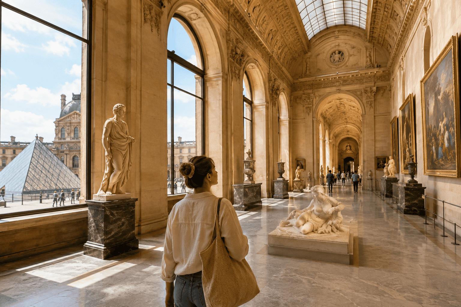 Museum hallway in Paris with visitors