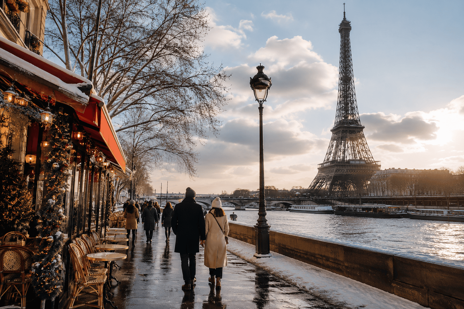 Winter walk by the Seine with the Eiffel Tower in Paris